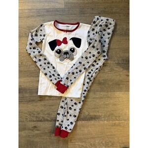 Gymboree Girls Dog Pajama Set Size 12 White Gray Red 100% Cotton Long Sleeve
